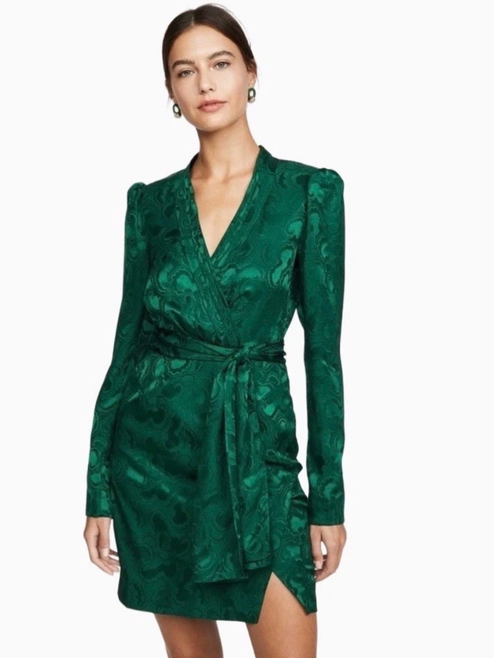 Saloni Bibi Green Silk Jacquard Paisley Belted Mini Dress | 0